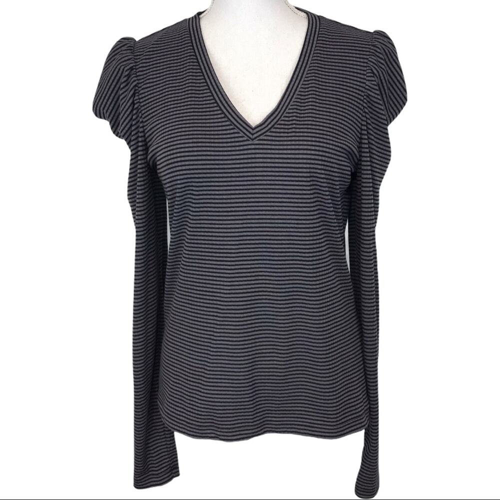 NWT ELLA MOSS Drape Puff Long Sleeve Gray Black Stripe Sz L - Picture 2 of 9